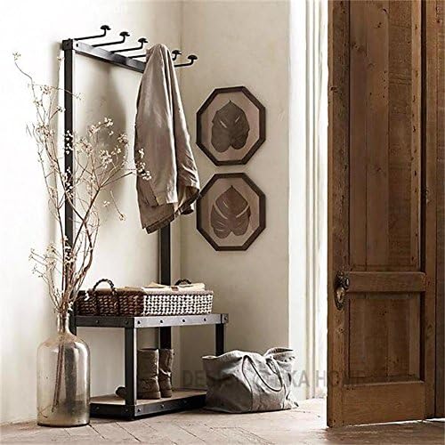 KSUNGB Retro Iron Coat racks Solid wood Shoe rack Hanging hanger Hanging frame Clothing display stand Change the shoe stool, 80 * 30 * 165cm