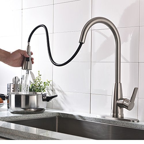 Hotis Modern High Arc 1 or 3 Hole Single Handle Stainless Steel Prep Sprayer Pull Out Pull Down Sprayer Kitchen Sink Faucet,Brushed Nickel with Deck Plate