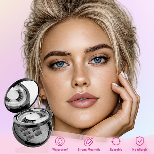 Magnetic Eyelashes with Applicator – 3 Pairs Reusable Magnetic Lashes Natural Look, Wispy Strip & 3/4 Half False Eyelashes Kit, No Glue Needed, 4 Magnet Upgrade,Elegant Black Lash Box with Mirror