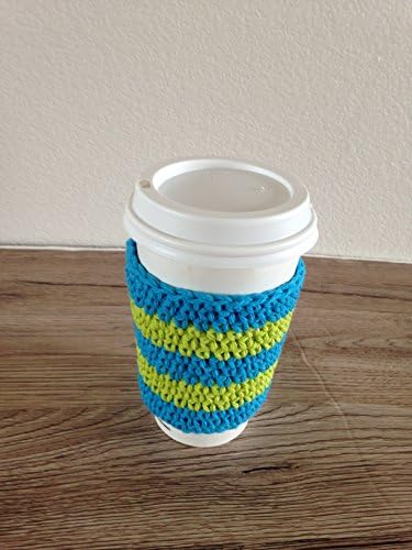 Crochet cup cozy, coffee cup sleeve, reusable coffee sleeve, coffee cup cozy in bright blue and lime green stripes