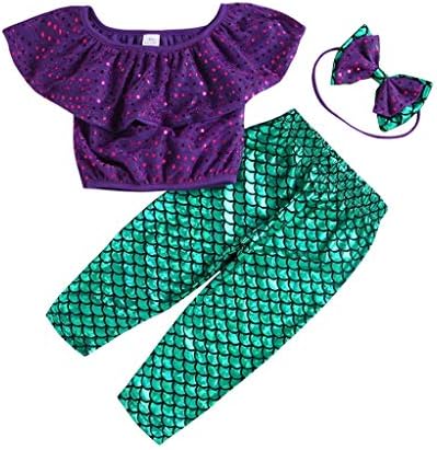 Princess Outfits,Coper 3Pcs Toddler Baby Girls Off Shoulder Top Shirt Mermaid Pant Hair Band Set Purple