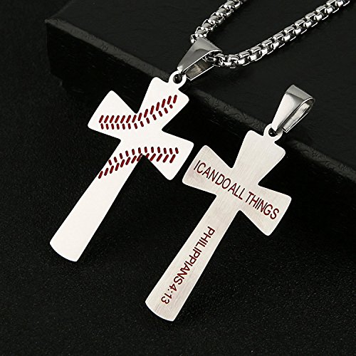 YOUFENG Cross Necklace for Men Baseball Pendant I CAN DO All Things Strength Bible Verse Stainless Steel Necklace (White Cross Necklace) - Thumbnail 2