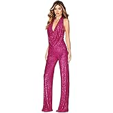 Aelidiya Sequin Jumpsuits Halter Cowl Neck Backless Romper Shiny Overalls Pants