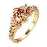 Bamos Jewelry 10KT Gold Plated Women Ring Diamond Cut Style Big Champagne CZ Ring With Small Diamond Gold Wedding Ring