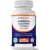 Vitamatic Ferrous Sulfate 325 mg with Vitamin C 100 mg (65 mg Elemental Iron) Coated Tablets &ndash; High Potency Iron Supplement &ndash; No Artificial Colors &ndash; Made in USA