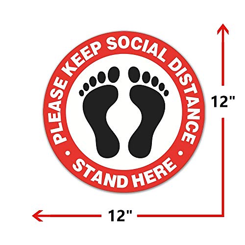 Social Distancing Floor Decals [10 Pack, 12\'\'], SZSY Waterproof Social Distancing Sign Adhesive Vinyl Safety Floor Stickers – Stand Here – for Business Work Hanging Out (Red)