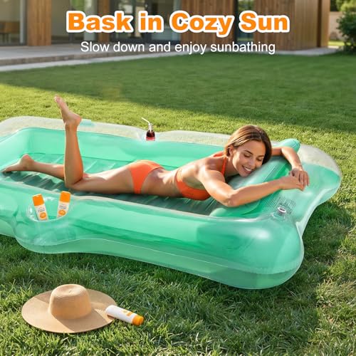 HeySplash Inflatable Swimming Pool Float, Large Inflatable Floating Boat for Adults with Cup Holder and Detachable Pillow, Lake River Summer Tanning Float Crystal Green
