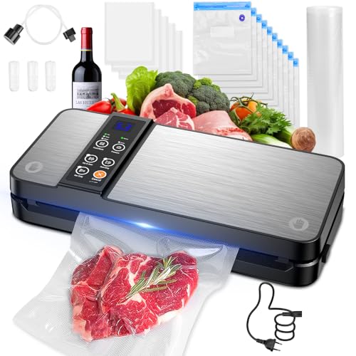 8 in 1 Vacuum Food Machine, Professional 80KPA Fast Vacuum and LED Digital Display, Storage Rolls with Cutter for Fresh Dry and Wet Food Bags (Silver)