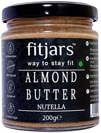 FITJARS Almond Butter with Nutella -200 gm , All Natural Stone Ground Keto Diet Vegan Butters .