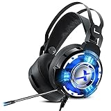 PC Gaming Headphones with Microphone,NUOXI X5 Over Ear 57mm Large Speaker Unit Gaming Headset 7.1 USB Surround Sound Stereo Noise Cancelling LED Light for PC,MAC,Laptop,Gamer (Black)