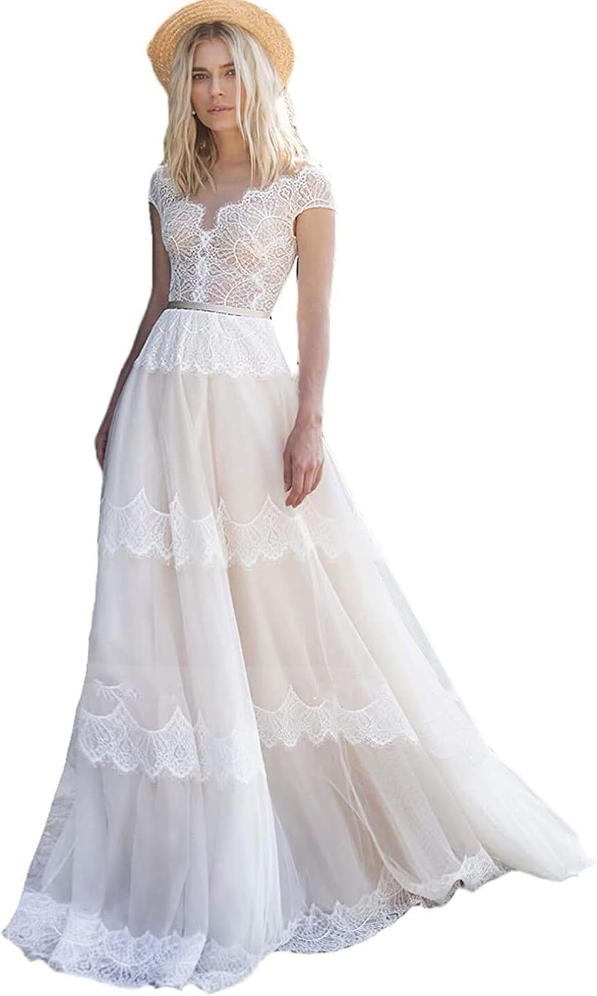 MEGAM Women’s Lace Boho Beach Wedding Dresses for Bride