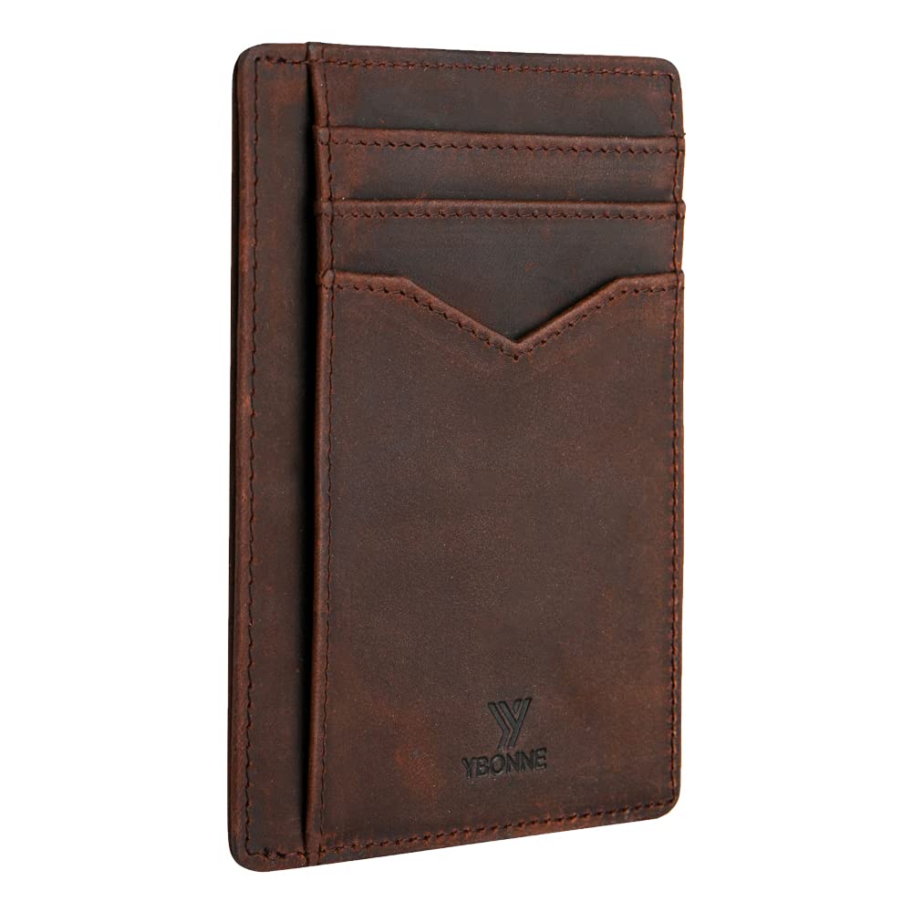 YBONNE Men's Front Pocket Minimalist Slim Wallet for Men and Women, RFID Blocking Thin Card Holder, Made of Premium Crazy Horse Genuine Leather Crazy Horse Brown S