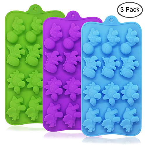 Dinosaur Chocolate Mold, YuCool 3 Pack Silicone Dinosaur Molds with 12-Cavity for Candy Chocolate Jelly, Ice Cube-Purple,Blue, Green
