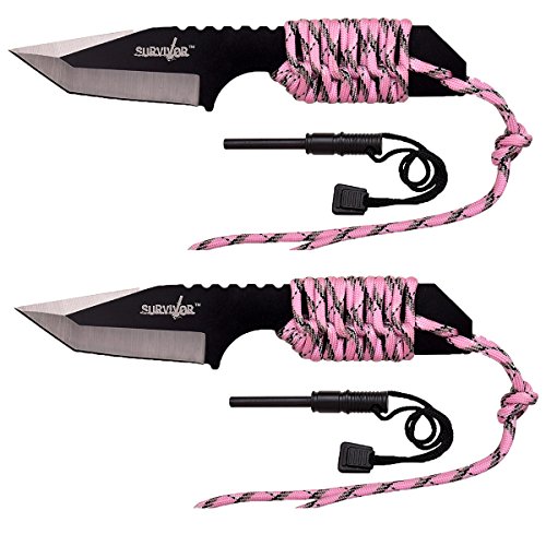 Survivor HK-106320PK Fixed Blade Outdoor Knife, Black Tanto Blade, Pink Cord-Wrapped Handle, 7-Inch Overall, Pink (2-Pack)