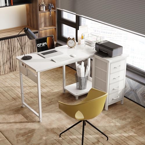 Coleshome Computer Desk with Drawers, 100x70 cm Corner Desk for Home Office, Reversible L Shaped Office Desks White