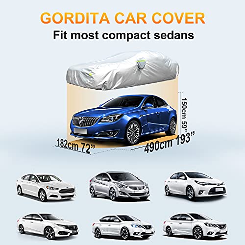 Car Cover, GORDITA Car Covers Waterproof All Weather Snowproof Windproof Scratch Resistant Outdoor UV Protection with 6 Reflective Strips, Universal Fit for Sedan (Up to 185\