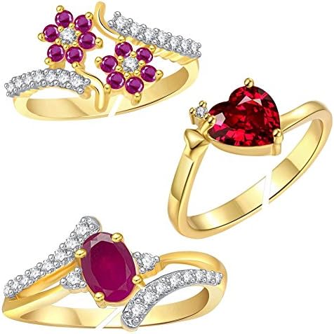Lady touch Combo of Cz Red Stone Heart and Ruby Pink Adustable Finger Rings for Girls & Womens(Free Size)