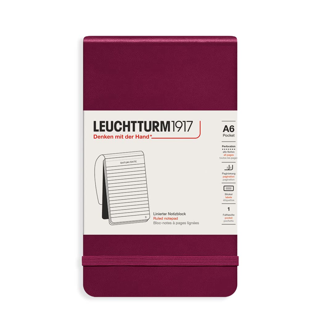 LEUCHTTURM1917 364408 Notepad Pocket (A6), Hardcover, 184 Numbered Pages, Port Red, Ruled