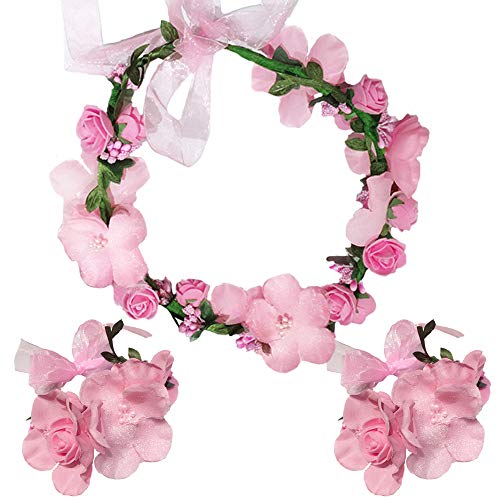 Flower Crown Headband Wristbands Rose Wreath Garland Hair Bands Wrist Bands Floral Wedding Bridal Hair Hoop Bracelet Women Leaf Ribbon Adjustable Handmade Rattan Vine Hair Accessories 3 Pack Pink