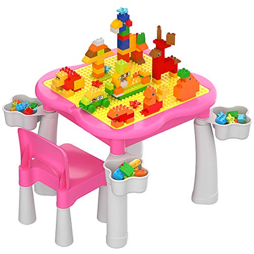 burgkidz Toddler 5-in-1 Multi Activity Table Set, Kids Play and Learn Table with 1 Chair and 128 Pieces Large Building Blocks, Compatible with All Major Brands, Pink Lace Desk for Princess Girls