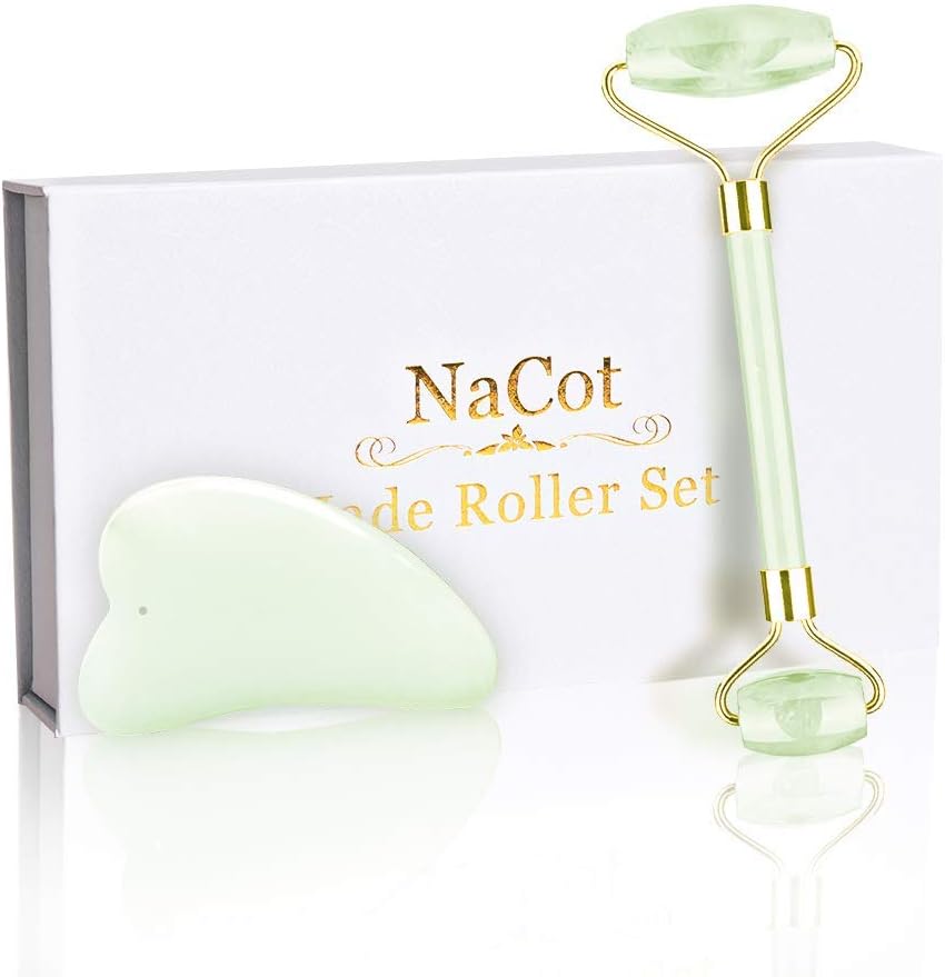 Jade Face Roller for Face Beauty Set Gua Sha Scraping Massage Tool for Anti Aging Cold Therapy,Slimming & Skin Tightening Natural Quartz Facial Jade Roller for Face Neck(Green)