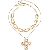 Layered Gold Chunky Necklace For Women Gold Stacked Irregular Geometric Square Cross Pendant Necklace Hip Hop Pearl Cross Necklace Fashion Jewelry For Women