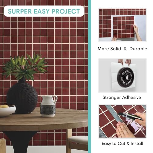 Commomy Thick Adhesive Kitchen Tiles Red, 10-Pieces, 30.5 x 30.5 cm, Self-Adhesive Vinyl Kitchen Wall Tiles, 3D, Backsplash Tiles Adhesive for Wall, Kitchen, Bathroom and Subway