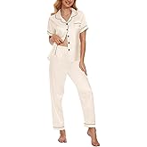 VENTELAN Womens Silk Satin Pajama Sets Short Sleeve Button Down Top and Long Pants 2 Piece Pjs Set Soft Sleepwear