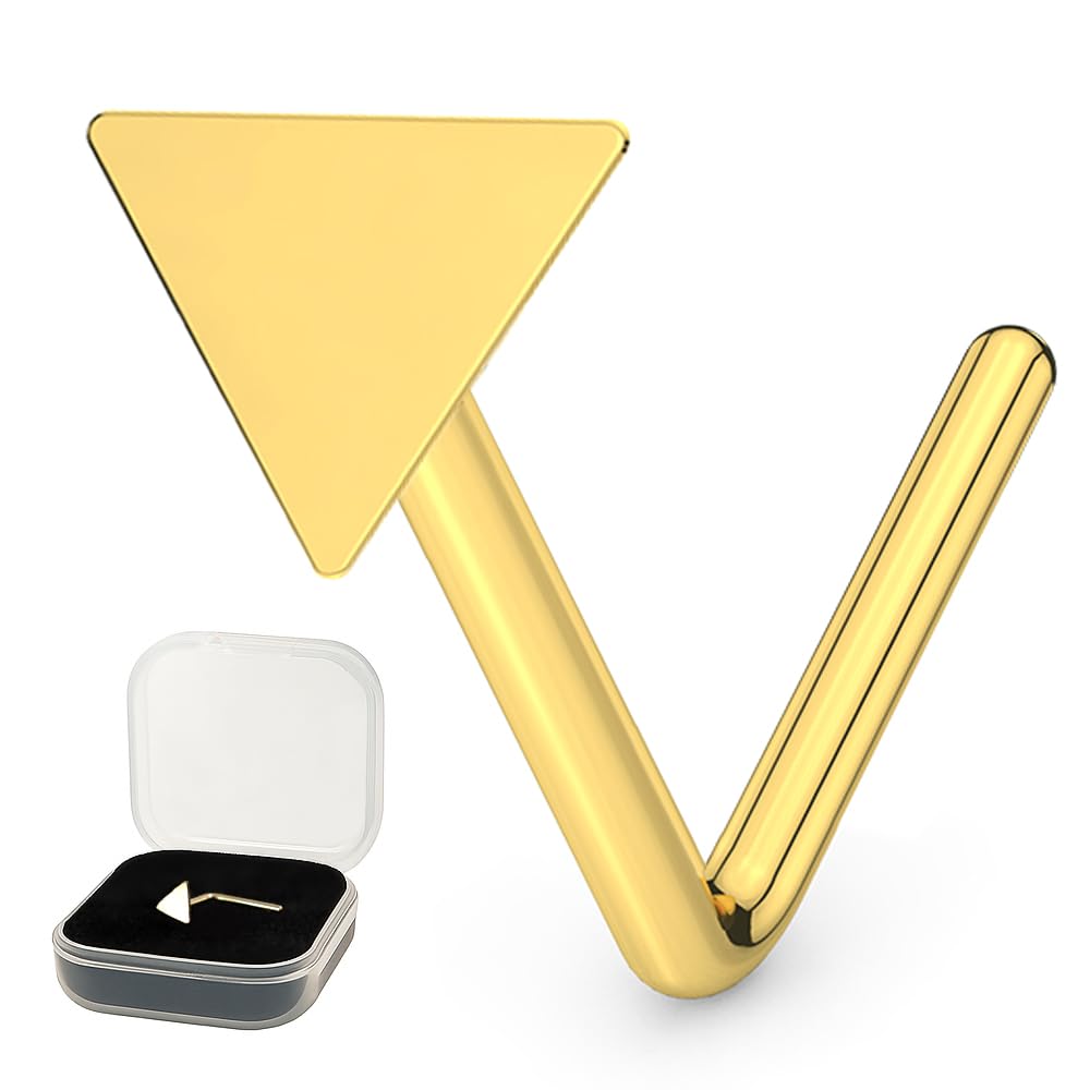 AZARIO LONDON 9K Solid Yellow Gold Plain Triangle Top 22 Gauge L Shape Nose Stud Piercing Jewellery