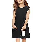 Haloumoning Girls Sleeveless Summer Dress Kids Casual Crewneck Loose Beach Short Dresses with Pockets 5-14 Years