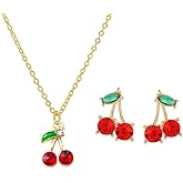 coadipress Red Crystal Cherry Earrings Necklace Set for Women Funny Charm 3D Red Cherry Earring Sweet Fruit Necklace Summer Tropical Fruit Green Leaf Charm Jewelry