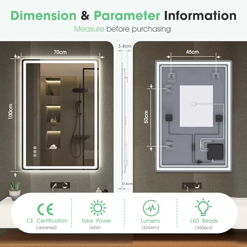 S'bagno Bluetooth-Mirror-Bathroom-with-Light-LED-100 x 70 cm, Mirror-Bathroom-LED-Anti-Fog, 3000K-6500K, Dimmable, Memory, Tempered Glass HD, IP44-Mirror-Backlit-Bathroom, Horizontal/Vertical