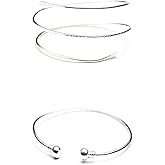 HUNO Minimalist Metal Punk Spiral Coil Upper Arm Cuff Open Arm Bracelet Armlet Adjustable Hammered Wrap Armband Bangle for Women-2pcs silver