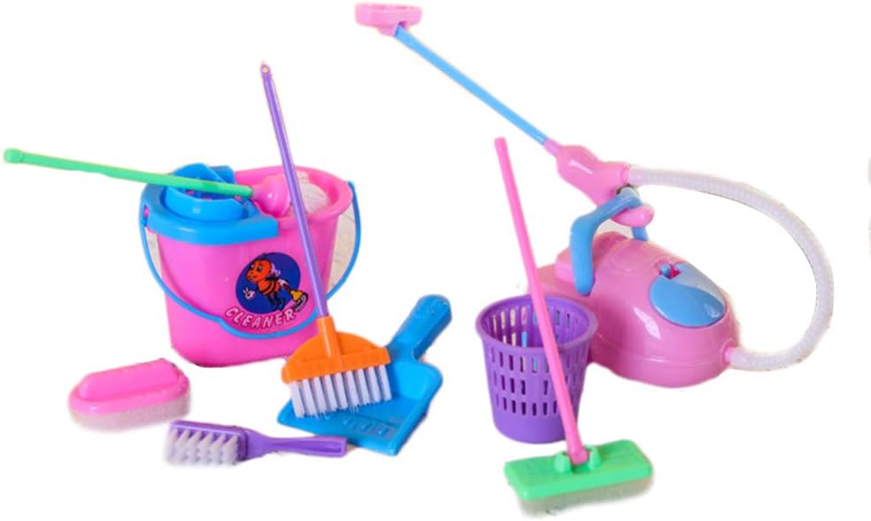 Mallalah Kids Toy Home Cleaning 9PCS Set Broom Tool Simulation Clean Cotton Swab Broom Ware For Girls Dolls Accessories Kitchen Fruit