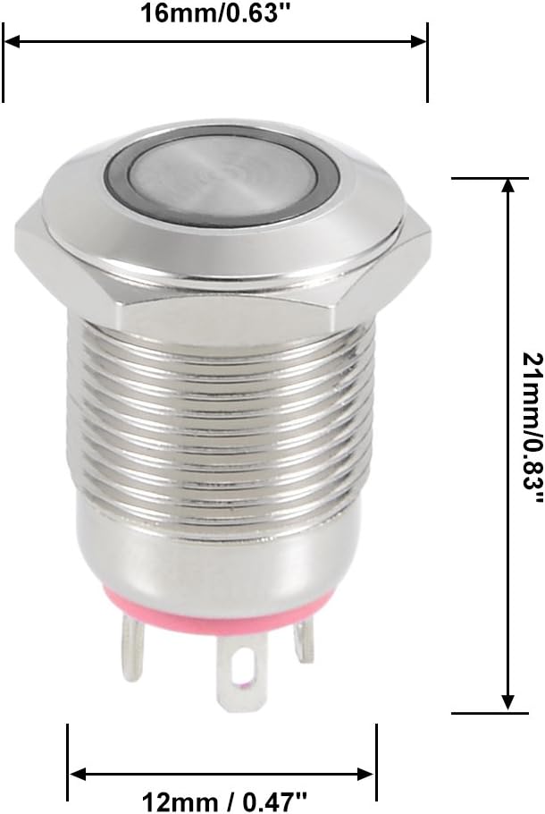 sourcing map Momentary Metal Push Button Switch 12mm Mounting Dia 2A 1NO 3-6VAC/DC Red LED Light - Image 4