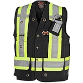 Pioneer 100% Cotton Hi Vis Surveyor's Safety Vest for Construction - Reflective Tape - 10 Pockets - Class 1 - Black