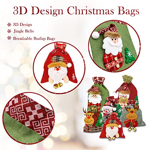 Christmas Gift Bags 6PCS 3D Design Small Medium Burlap Bag Christmas Gift Wrapping Bag Assorted Sizes Xmas Drawstring Bags Reusable Holiday New Year Party Favor Goody Bags Candy Stockings Storage Bag