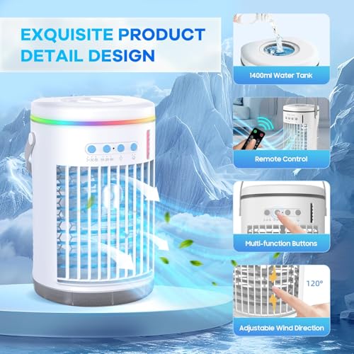 Portable Air Conditioners, 1400ML Mini Air Conditioner Evaporative Personal Cooler Humidifier with Remote, 3 Speeds Mini AC Desktop Cooling Fan for Home Office Bedroom