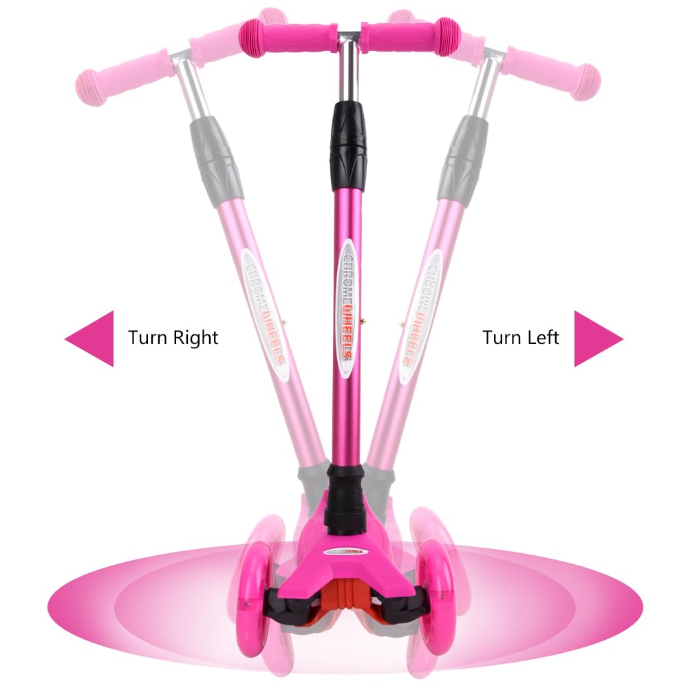 ChromeWheels Scooters for Kids, Deluxe 3 Wheels Kick Scooter 4 Adjustable Height 132lbs Weight Limit, Lean to Steer LED Light Up Wheel, Best Gifts for Girls Boys Ages 3-12 Years Old