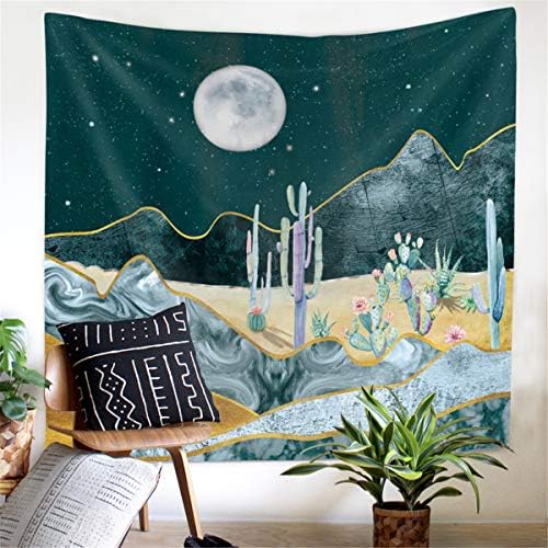 SOFTBATFY Cactus with Moon Marble Wall Tapestry Headboard Wall Art Bedspread Dorm Hanging Tapestry Home Decor (Medium, Cyan Cactus)
