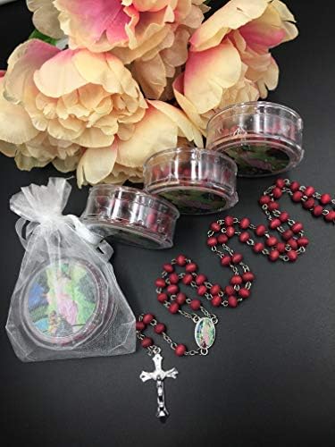 12 - Guardian Angel Favors Rosaries Cross Scented Red Recuerdos de Bautizo Rosario With Organza Bags