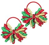 Hair Ties, HipGirl Boutique Elastic Hair Ties for Girls/ Women, Korker Ribbon, Ponytail Holder, Hair Bows, Cheer Bows (1 Pair Christmas Red Gold Green)