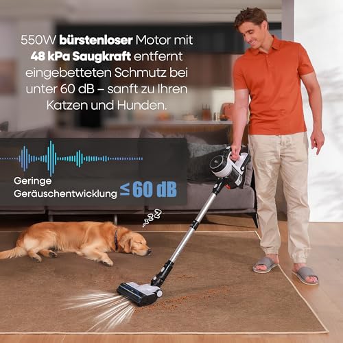 AlloyMove Battery Vacuum Cleaner 50,000 Pa/550 W/70 Min, 1.5 L Cordless Vacuum Cleaner with Anti-Tangle Brush and Wall Charging Station, 7-Layer Filter System, Super Quiet for Pet Hair, Carpets, Hard