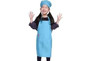 ALIPOBO Kids Apron and Chef Hat Set, Children's Adjustable Bib Apron with 2 Pockets. Cute Boys Girls Kitchen Apron for Cooking, Baking, Painting, Training Wear (6-12 Year, Light blue)