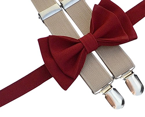 Suspenders Bow Tie Set (Toddler (18 mo - 6 yrs), Tan Suspenders, Burgundy Bow Tie)
