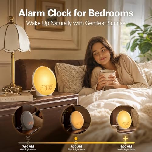 Wake Up Light Sunrise Alarm Clock for Kids, Heavy Sleepers, Bedroom, with Sunrise Simulation, Sleep Aid, Dual Alarms, FM Radio, Snooze, Nightlight, Daylight, 7 Colors, 7 Natural Sounds, Ideal for Gift