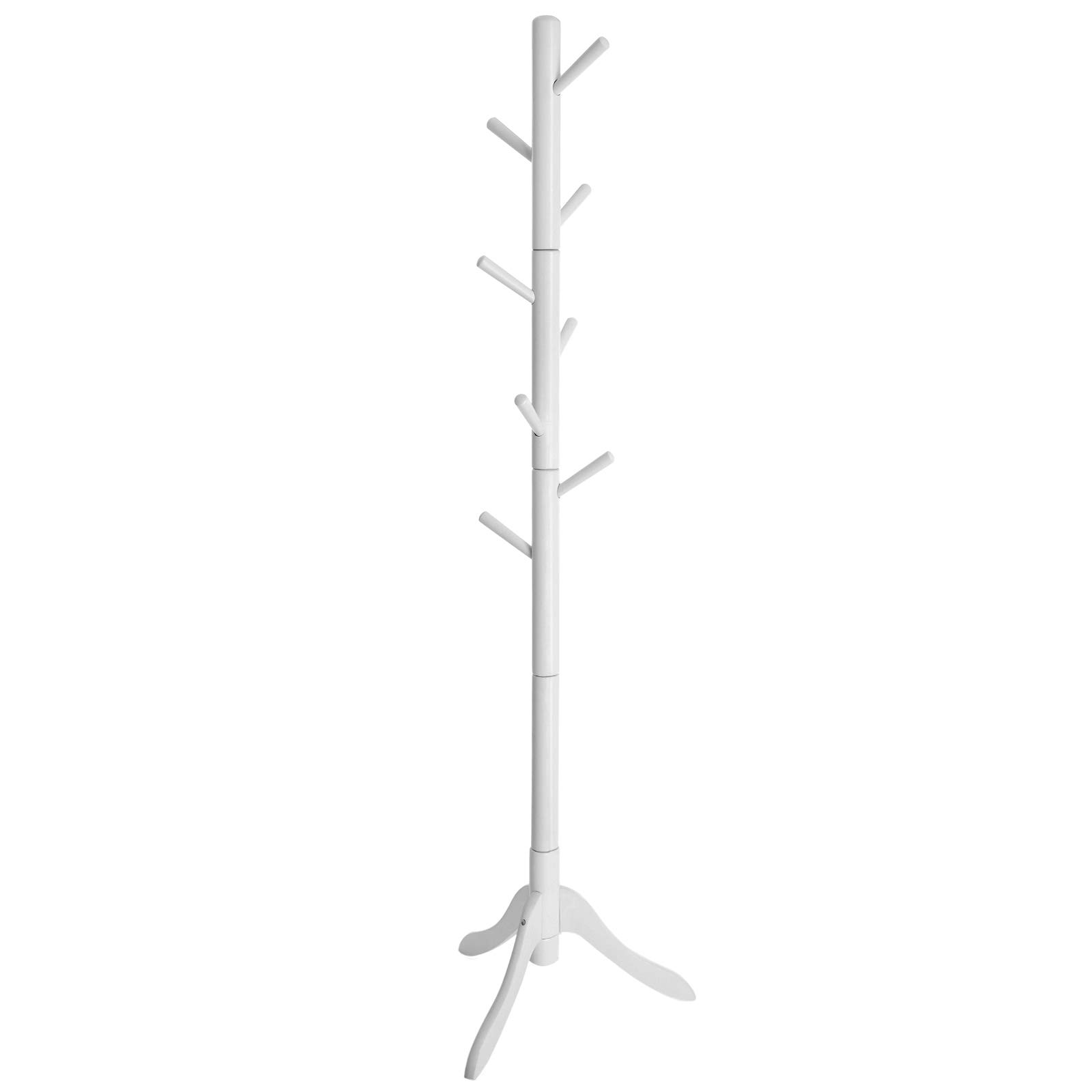 VASAGLE Wooden Coat Rack with 8 Hooks, Tree Shape, Adjustable in 3 Heights, for Coats, Jackets, Bags, Entryway, Bedroom, White RCR60WT