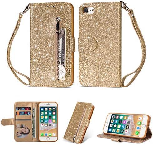 KANTAS iPhone 6S Plus/6 Plus Glitter Zipper Wallet Case, Bling Bling Sparkle PU Leather Book Cover with Card Slots Kickstand Function Magnetic Closure Flip Case for iPhone 6S Plus/6 Plus (5.5"), Gold