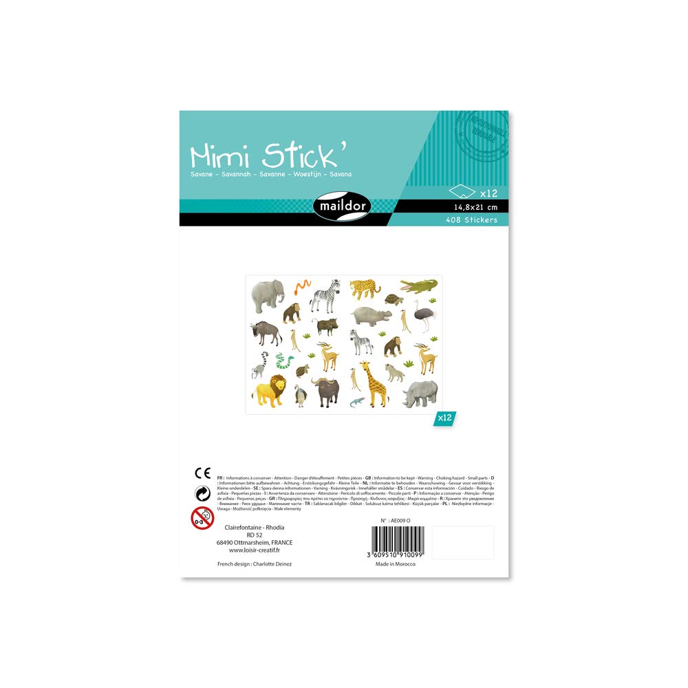 Maildor AE009O - Mimi'Stick STICKERS - 12 sheets - Dimensions: 21 x 16 cm - SAVANNAH (408 stickers) - Creative and Leisure Activity for Children - DIY