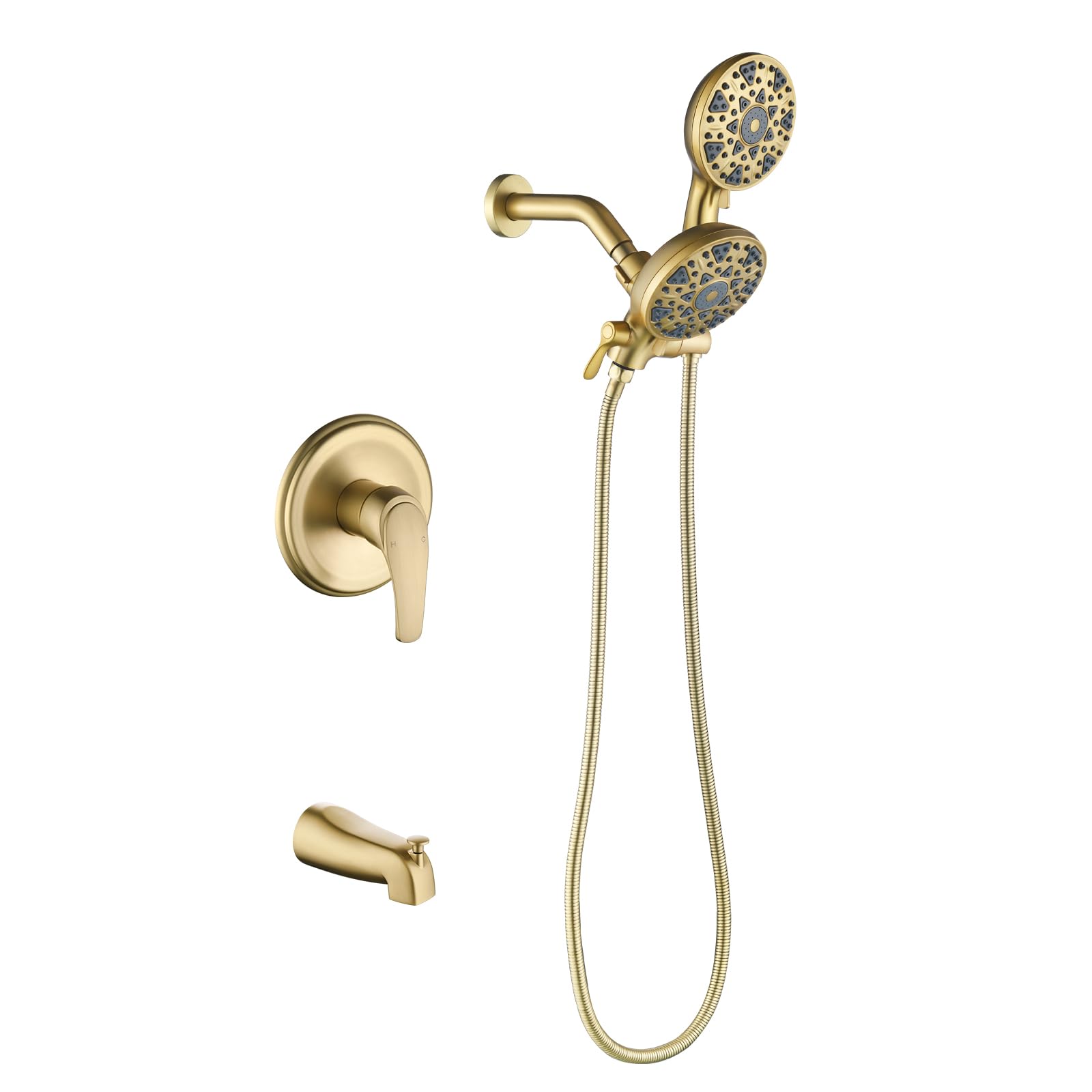 Photo 1 of Tub and Shower Faucet Set Complete Dual Shower Head and Handheld 2 in 1 Combo Set Shower System with Tub Spout Tub and Shower Trim Kit Brushed Gold
